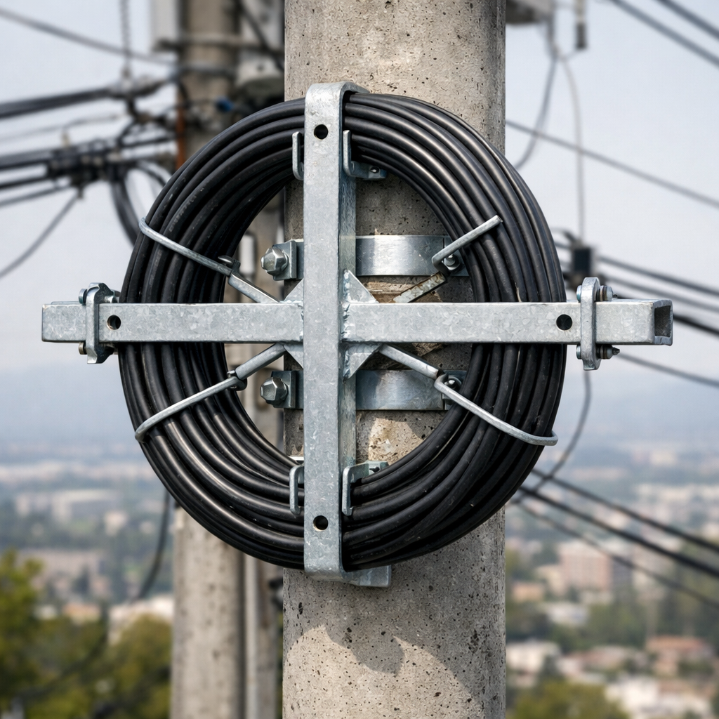 cruceta de reserva para fibra óptica ADSS instalada en poste con cable enrollado
