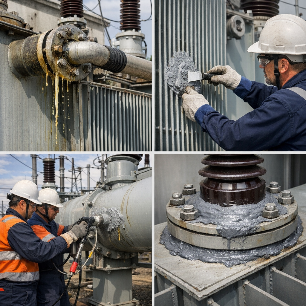 Sellador de fugas para transformadores sin corte. Repara aceite dieléctrico y SF₆ de forma segura en equipos energizados en Chile.
