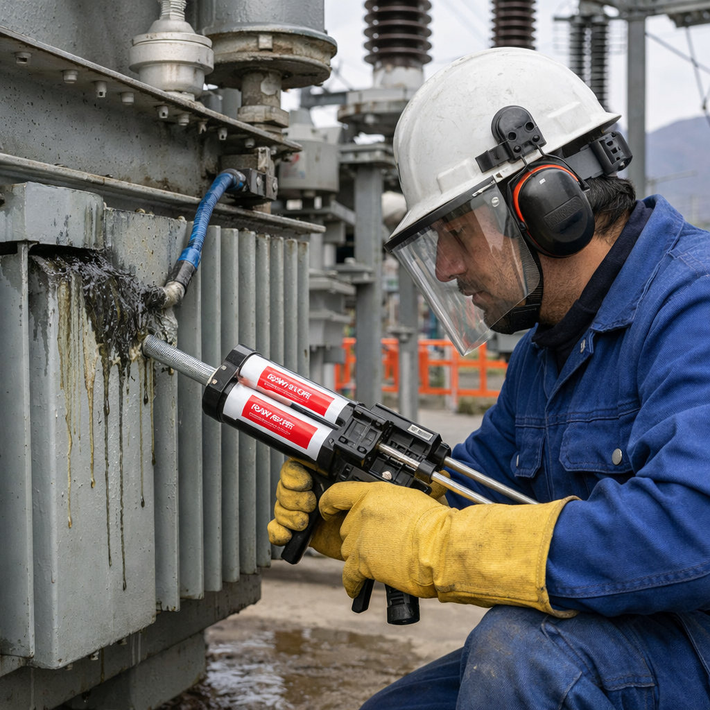 Reparación de fuga de aceite dieléctrico en transformador de alta tensión en subestación eléctrica en Chile