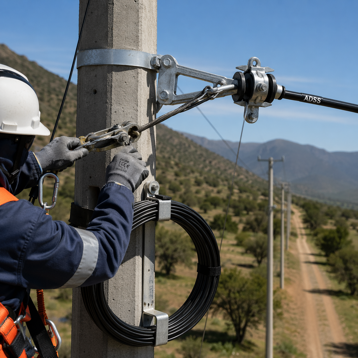 instalacion de fibra optica adss en postes con herrajes y tensado