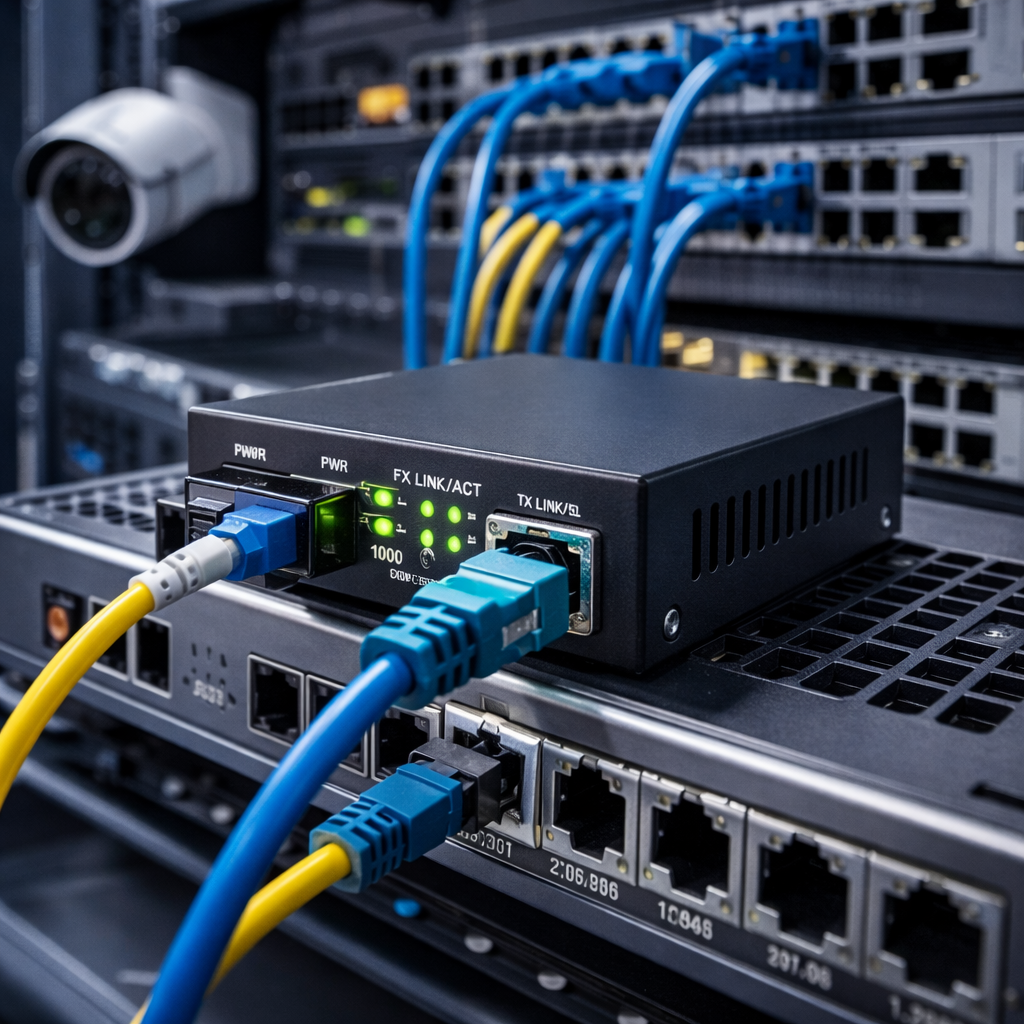 conversor fibra a ethernet media converter instalado en red empresarial conectando fibra óptica a RJ45
